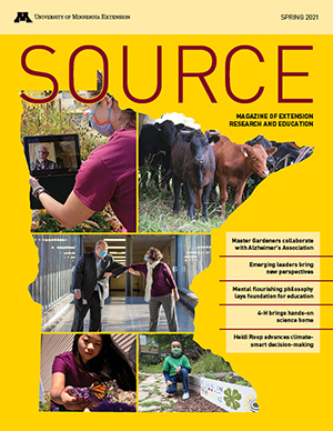 Cover of Source Spring 2021 with collage of photos from the magazine in the shape of Minnesota