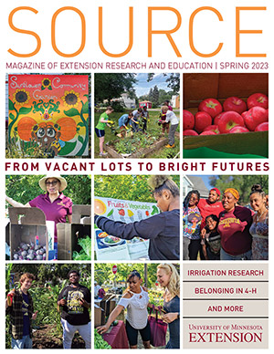 Cover of Source magazine. Photo collage of scenes from a community garden with heading "From vacant lots to bright futures."